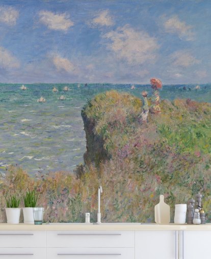 fine art behangmuurschildering genaamd Cliff Walk at Pourville van Claude Monet voor slaapkamers en woonkamers
