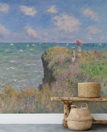 fine art behangmuurschildering genaamd Cliff Walk at Pourville van Claude Monet voor slaapkamers en woonkamers
