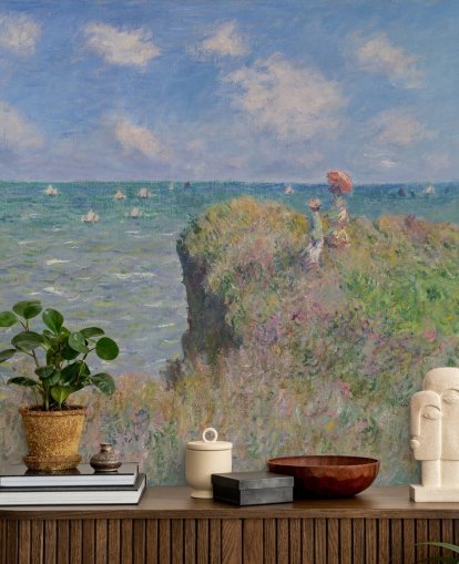 mural de papel de parede de belas artes chamado Cliff Walk at Pourville de Claude Monet para quartos e salas de estar