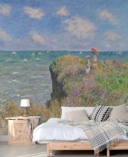 mural de papel pintado de bellas artes llamado Cliff Walk at Pourville de Claude Monet para dormitorios y salas de estar