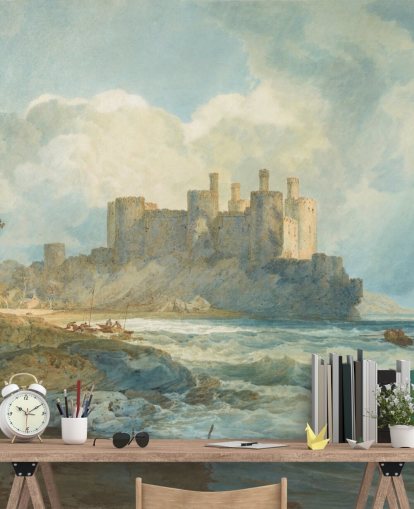 kunstmuurschildering genaamd Conway Castle, Noord-Wales door J.M. W. Turner voor woonkamers en thuiskantoren kunstmuurschildering genaamd Conway Castle, Noord-Wales door J.M. W. Turner voor woonkamers en thuiskantoren