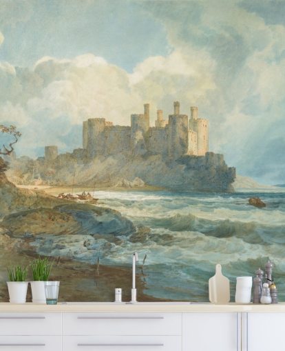 kunstmuurschildering genaamd Conway Castle, Noord-Wales door J.M. W. Turner voor woonkamers en thuiskantoren kunstmuurschildering genaamd Conway Castle, Noord-Wales door J.M. W. Turner voor woonkamers en thuiskantoren