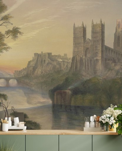 kunstbehangmuurschildering genaamd Durham Cathedral van J.M. W. Turner voor slaapkamers en kantoren aan huis kunstbehangmuurschildering genaamd Durham Cathedral van J.M. W. Turner voor slaapkamers en kantoren aan huis