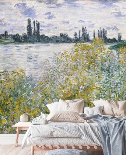 mural de papel pintado de bellas artes llamado Ile aux Fleurs cerca de Vetheuil de Claude Monet para dormitorios y cocinas
