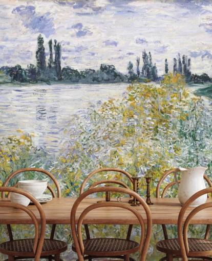 fine art wallpaper mural called Ile aux Fleurs near Vetheuil by Claude Monet for bedrooms and kitchens
