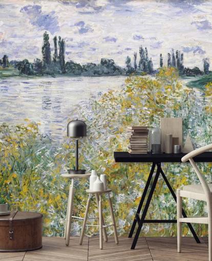 fine art wallpaper mural called Ile aux Fleurs near Vetheuil by Claude Monet for bedrooms and kitchens