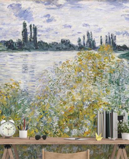 fine art wallpaper mural called Ile aux Fleurs near Vetheuil by Claude Monet for bedrooms and kitchens