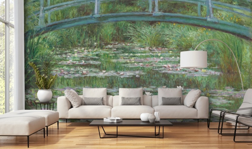 kunstmuurschildering genaamd The Japanese Footbridge van Monet voor slaapkamers, woonkamers en keukens