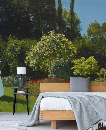 kunstmuurschildering genaamd Lady in the Garden van Claude Monet voor woonkamers en eetkamers kunstmuurschildering genaamd Lady in the Garden van Claude Monet voor woonkamers en eetkamers