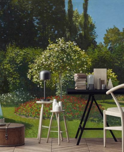 mural de pared de bellas artes llamado La dama en el jardín de Claude Monet para salas de estar y comedores