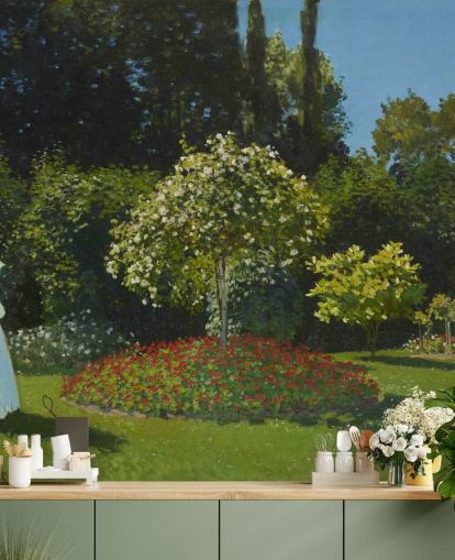 mural de pared de bellas artes llamado La dama en el jardín de Claude Monet para salas de estar y comedores