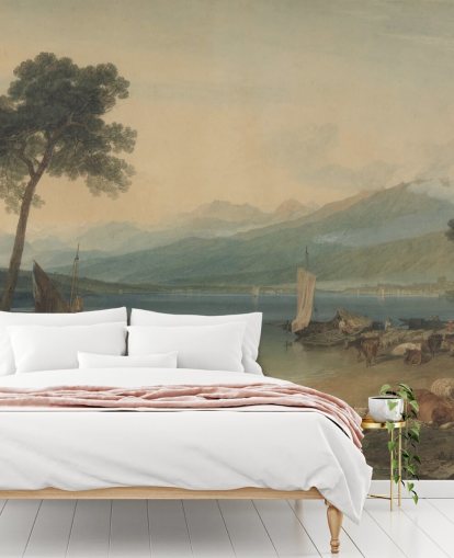 kunsttapet veggmaleri kalt Genèvesjøen og Mont Blanc av J. M. W. Turner for soverom og salonger kunsttapet veggmaleri kalt Genèvesjøen og Mont Blanc av J. M. W. Turner for soverom og salonger