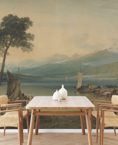 mural de papel de parede de belas artes chamado Lago de Genebra e Mont Blanc de J. M. W. Turner para quartos e salões