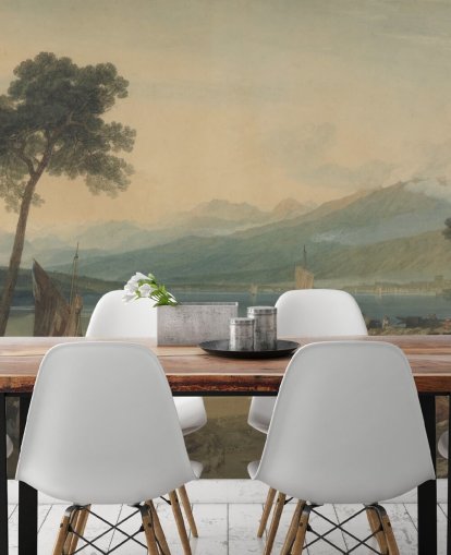 fine art behangmuurschildering genaamd Lake Geneva and Mont Blanc van J.M. W. Turner voor slaapkamers en lounges