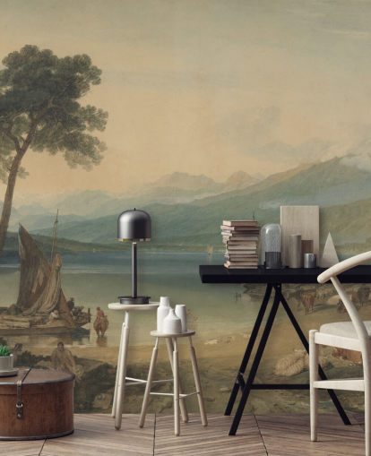 fine art behangmuurschildering genaamd Lake Geneva and Mont Blanc van J.M. W. Turner voor slaapkamers en lounges