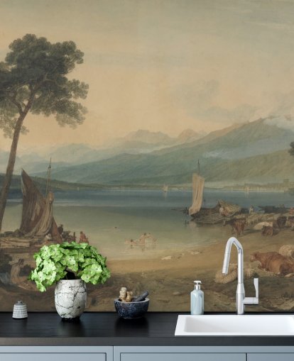 mural de papel pintado de bellas artes llamado Lago de Ginebra y Mont Blanc de J. M. W. Turner para dormitorios y salones