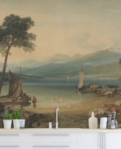 fine art wallpaper mural called Lake Geneva and Mont Blanc by J. M. W. Turner for bedrooms and lounges