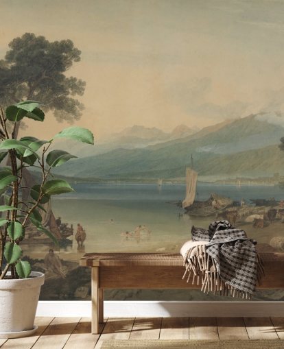 fine art behangmuurschildering genaamd Lake Geneva and Mont Blanc van J.M. W. Turner voor slaapkamers en lounges