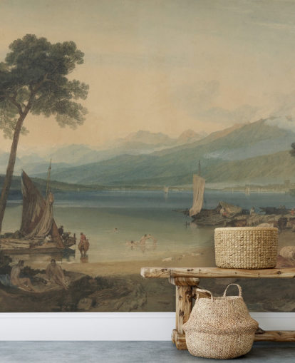 kunsttapet vægmaleri kaldet Genèvesøen og Mont Blanc af J. M. W. Turner til soveværelser og lounger