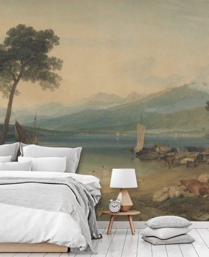 konsttapet väggmålning kallad Genèvesjön och Mont Blanc av J.M.W. Turner för sovrum och lounger