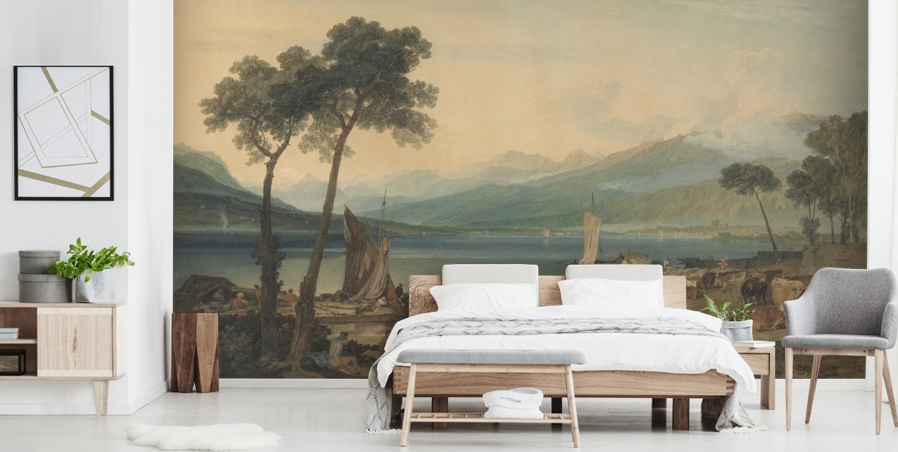 konsttapet väggmålning kallad Genèvesjön och Mont Blanc av J.M.W. Turner för sovrum och lounger