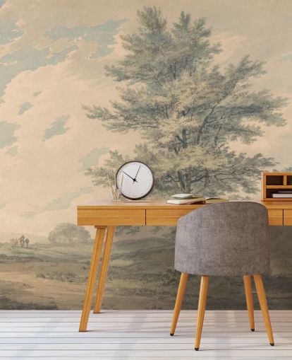 Kunsttapete mit dem Titel Landschaft mit Bäumen und Figuren von J. M. W. Turner für Wohnzimmer und Flure