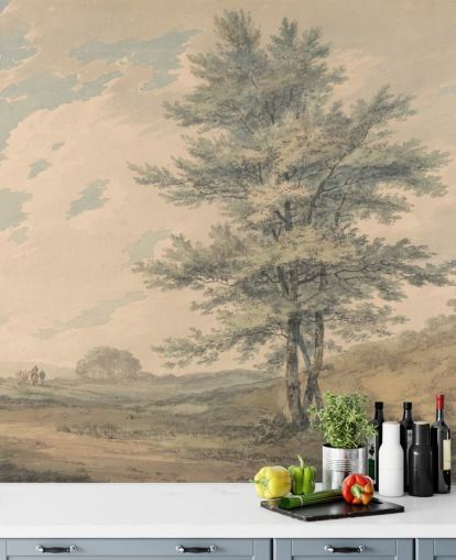 kunstmuurschildering genaamd Landscape with Trees and Figures van J.M. W. Turner voor woonkamers en gangen