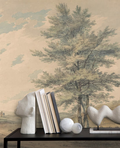 Kunsttapete mit dem Titel Landschaft mit Bäumen und Figuren von J. M. W. Turner für Wohnzimmer und Flure