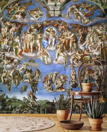 konsttapet väggmålning som heter The Last Judgment av Michelangelo för tak