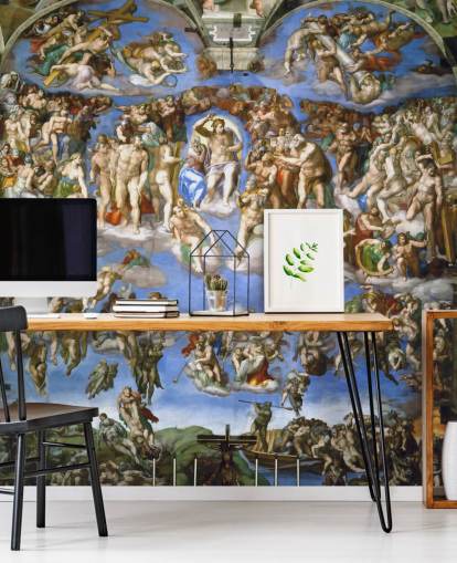 konsttapet väggmålning som heter The Last Judgment av Michelangelo för tak