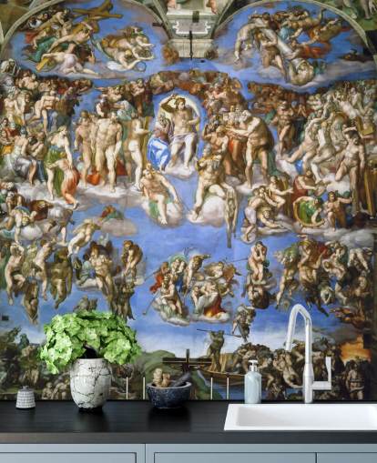 konsttapet väggmålning som heter The Last Judgment av Michelangelo för tak