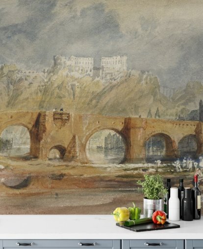 kunstmuurschildering genaamd The Moselle Bridge at Coblenz van J.M. W. Turner voor slaapkamers, woonkamers en kantoren aan huis kunstmuurschildering genaamd The Moselle Bridge at Coblenz van J.M. W. Turner voor slaapkamers, woonkamers en kantoren aan huis