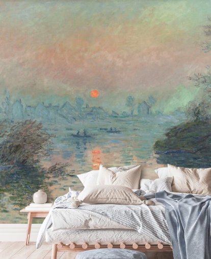 mural de papel de parede de belas artes chamado Sol se pondo no Sena em Lavacourt por Claude Monet
