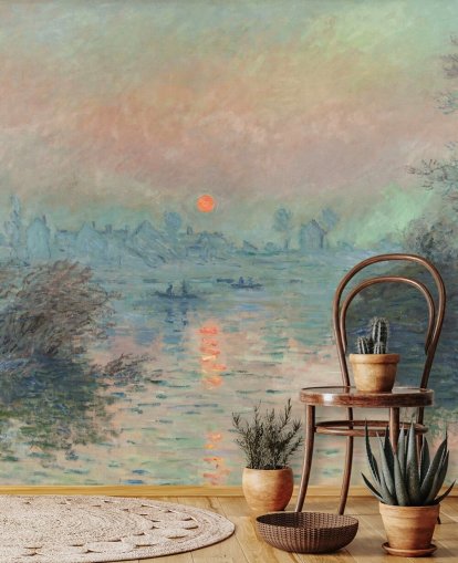 Claude Monet'n taide-taustakuvamaalaus nimeltä Auringonlasku Seineellä Lavacourtissa Claude Monet'n taide-taustakuvamaalaus nimeltä Auringonlasku Seineellä Lavacourtissa