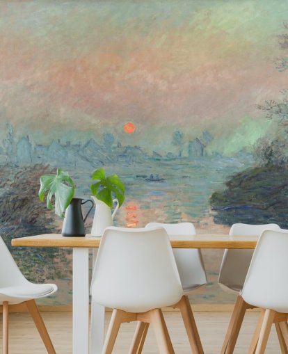 mural de papel de parede de belas artes chamado Sol se pondo no Sena em Lavacourt por Claude Monet