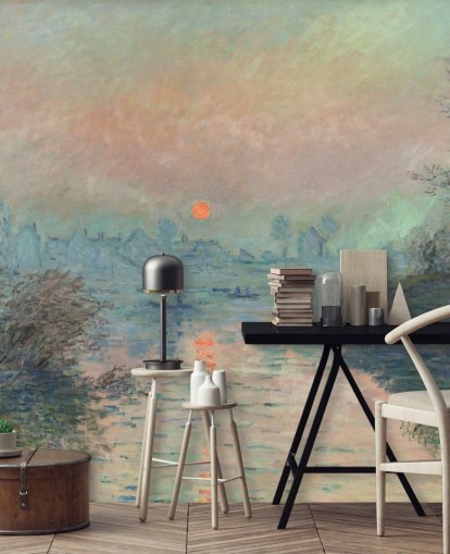 kunstbehang met de naam Sun setting on the Seine at Lavacourt van Claude Monet
