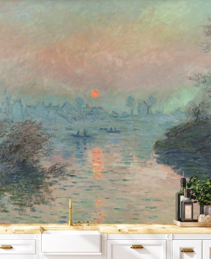 konsttapet väggmålning kallad Solnedgång på Seinen vid Lavacourt av Claude Monet