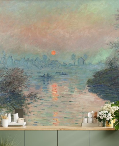 fine art wallpaper mural called Sun setting on the Seine at Lavacourt by Claude Monet