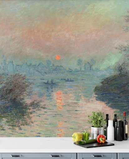 kunsttapet veggmaleri kalt Solnedgang på Seinen ved Lavacourt av Claude Monet
