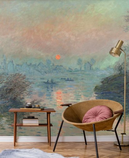 mural de papel pintado de bellas artes llamado Puesta de sol en el Sena en Lavacourt de Claude Monet