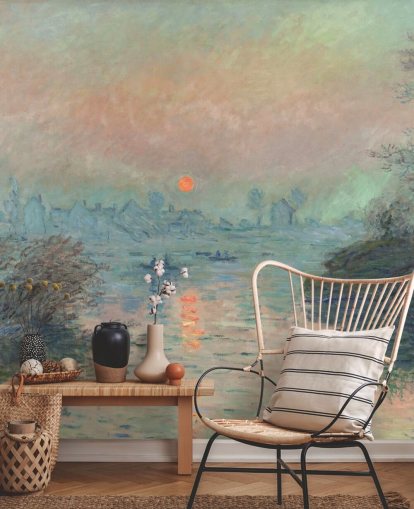 kunsttapet veggmaleri kalt Solnedgang på Seinen ved Lavacourt av Claude Monet