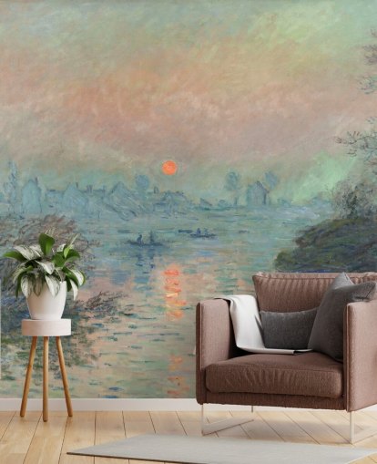 fine art wallpaper mural called Sun setting on the Seine at Lavacourt by Claude Monet