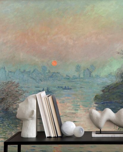konsttapet väggmålning kallad Solnedgång på Seinen vid Lavacourt av Claude Monet