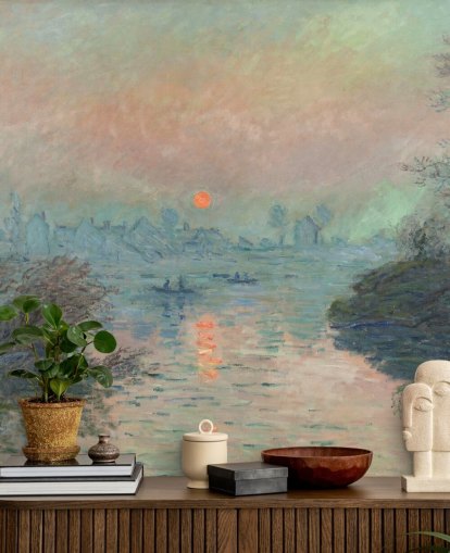 fine art wallpaper mural called Sun setting on the Seine at Lavacourt by Claude Monet