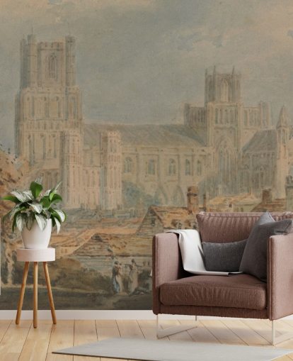 kunstmuurschildering genaamd View of Ely Cathedral van J.M. W. Turner voor slaapkamers en woonkamers kunstmuurschildering genaamd View of Ely Cathedral van J.M. W. Turner voor slaapkamers en woonkamers