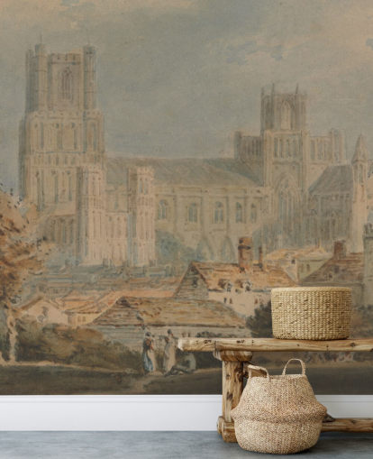mural de pared de bellas artes llamado Vista de la catedral de Ely de J. M. W. Turner para dormitorios y salas de estar mural de pared de bellas artes llamado Vista de la catedral de Ely de J. M. W. Turner para dormitorios y salas de estar