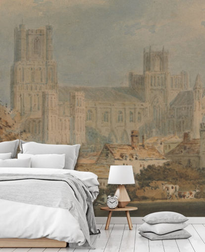 mural de parede de belas artes chamado View of Ely Cathedral de J. M. W. Turner para quartos e salas de estar