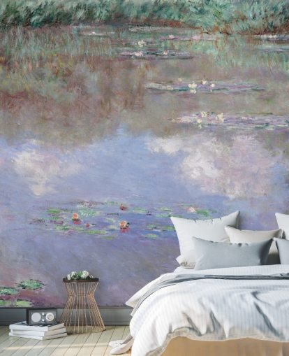 mural de papel pintado de bellas artes llamado Reflejos de nubes en el estanque de nenúfares de Monet