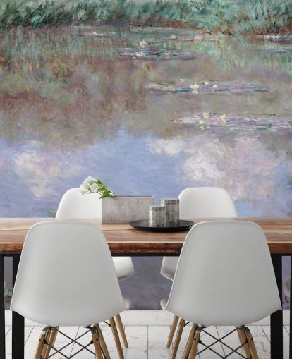 mural de papel de parede de belas artes chamado Reflexões de nuvens na lagoa de nenúfares de Monet