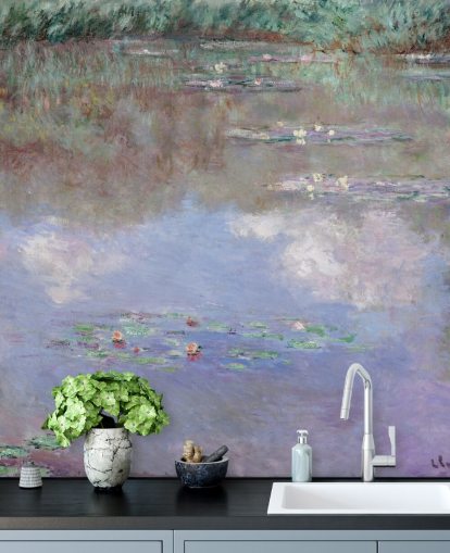 fine art wallpaper mural called Reflections of Clouds on the Water-Lily Pond by Monet